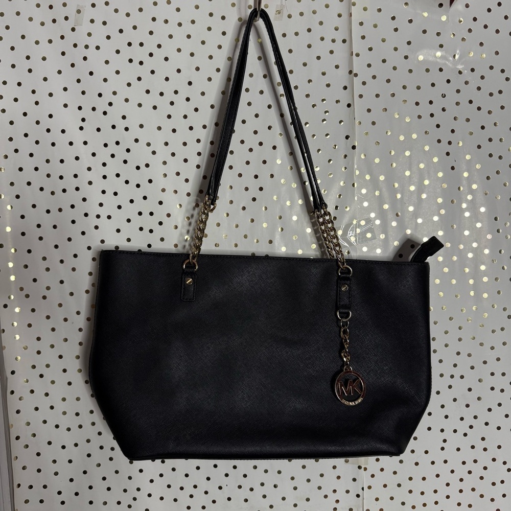 Michael Kors Black Leather Tote with Gold Accents